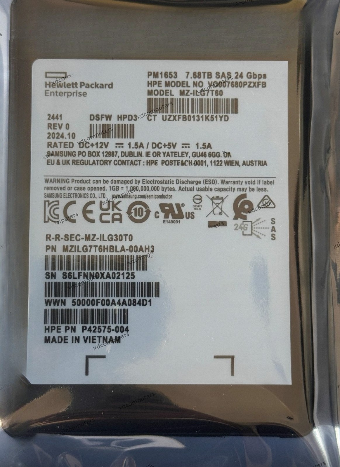 Samsung PM1653 7.68TB HPE SSD SAS 24Gbps P42575-004 MZILG7T6HBLA-00AH3
