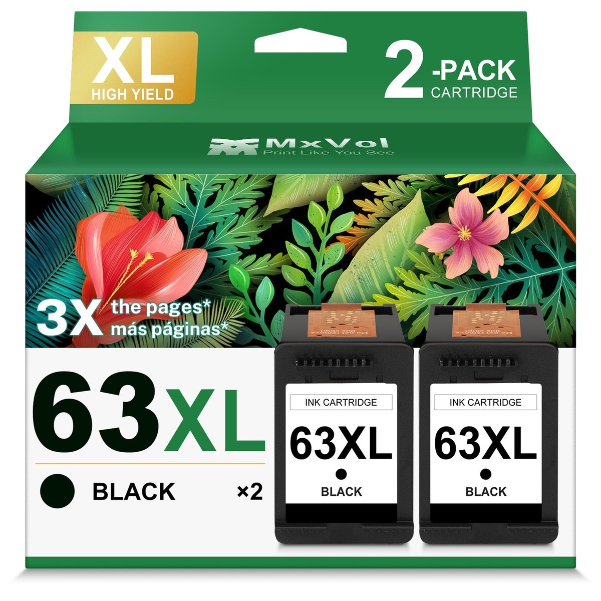 MxVol Ink Cartridge Replacement For HP Ink 63 XL HP63 2-Pack Black Black