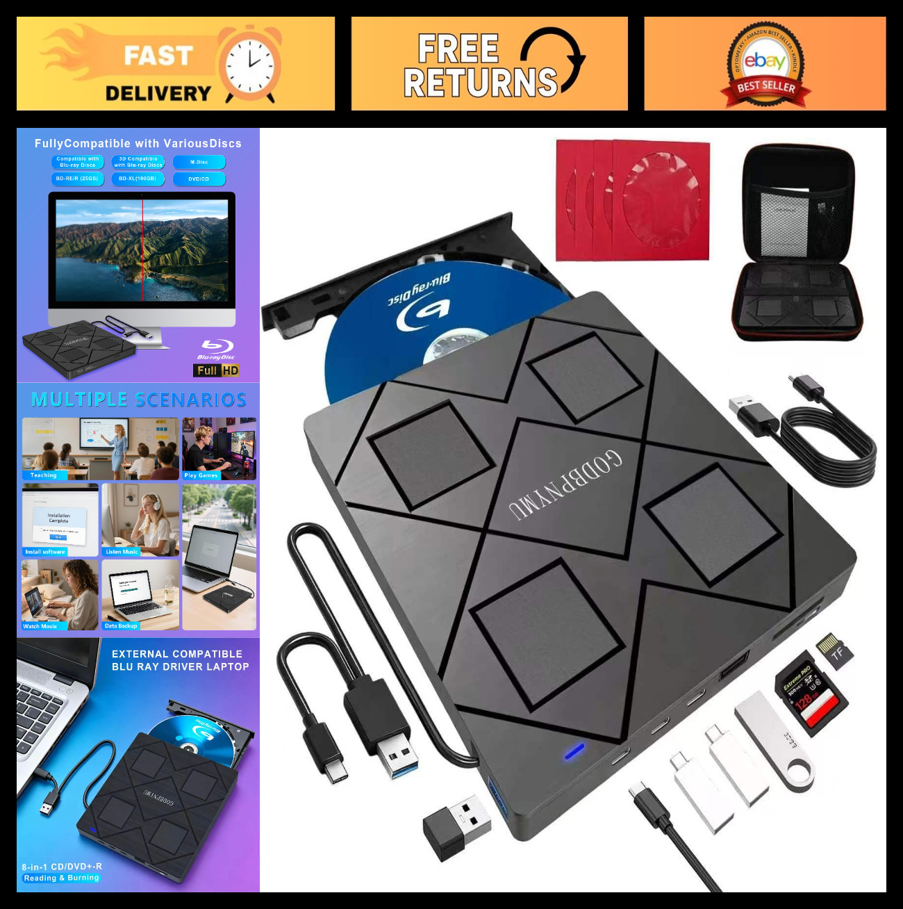 8-in-1 External Blu-ray/DVD Drive, USB-C/USB2, TF/SD Card Reader, Windows/Mac, S