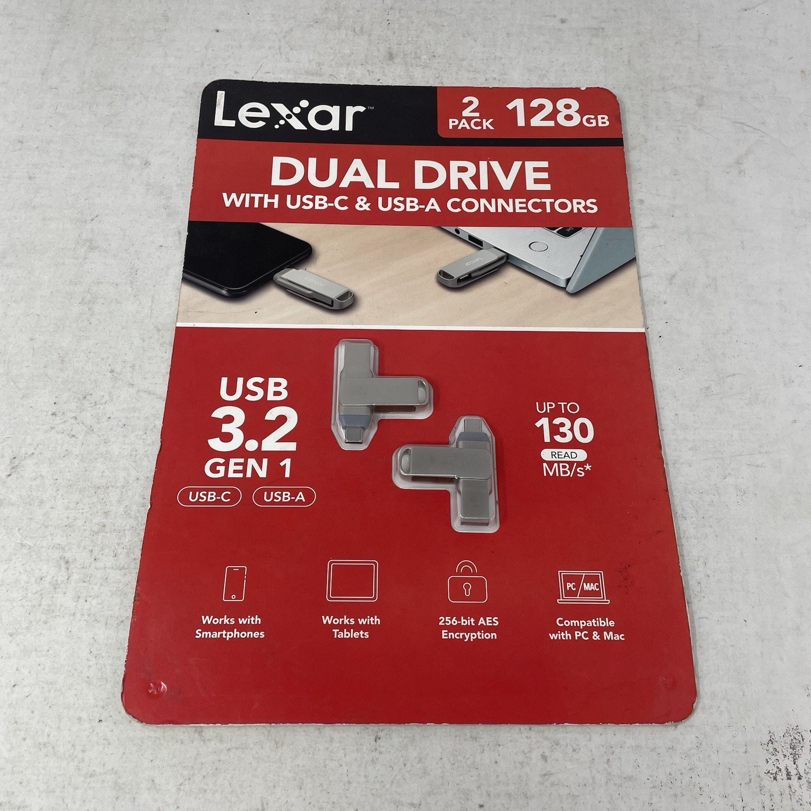 Lexar 128GB 2-in-1 Dual Flash Drive USB-C and USB-A Mac-Android- PC– 2 PACK
