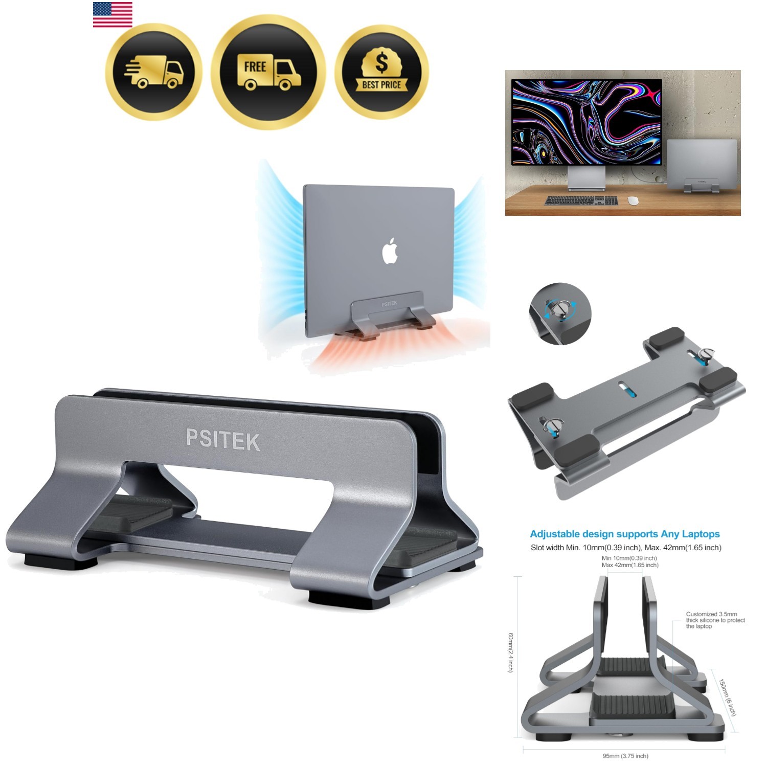 Aluminum Vertical Laptop Stand Dock Holder, Adjustable Slot Width 12-42mm, Sp...