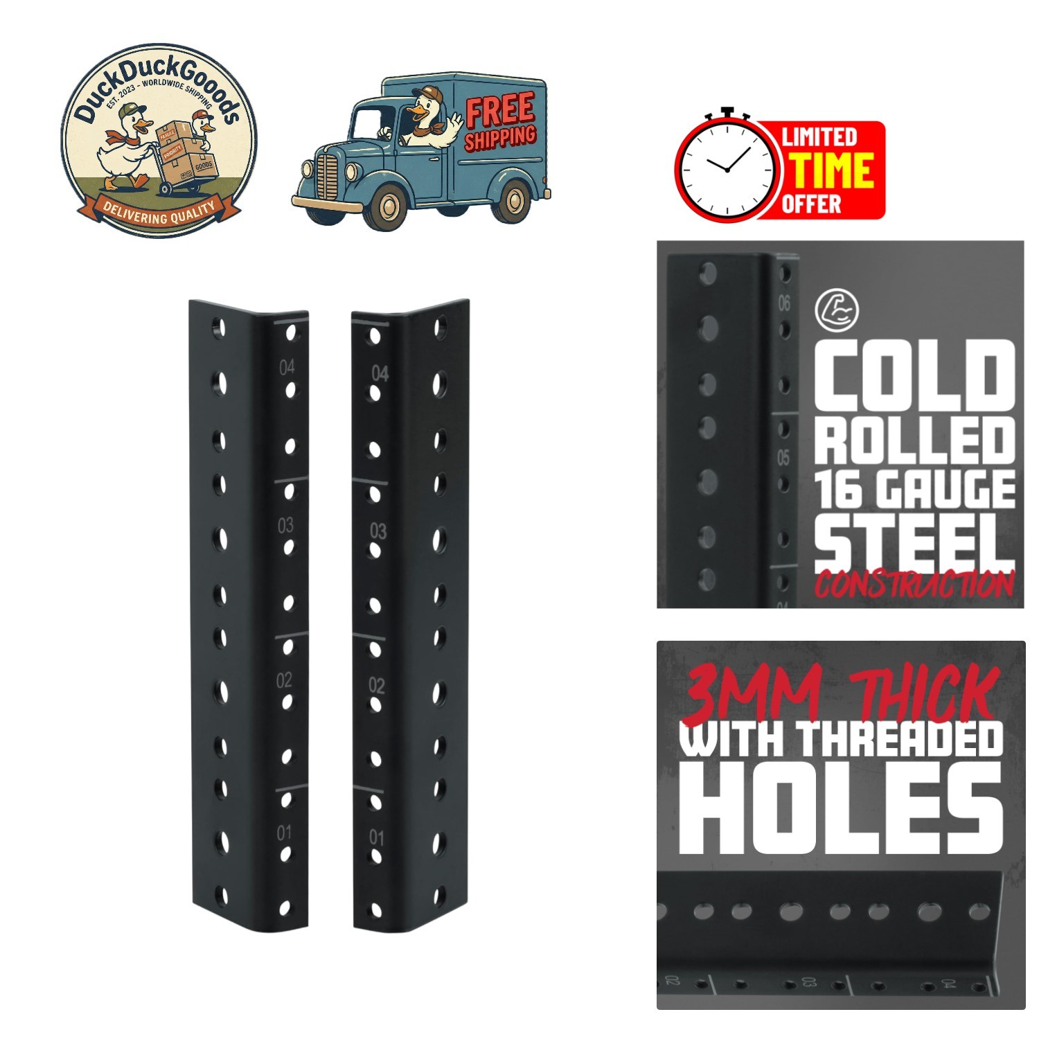 Rackworks 4U Heavy-Duty Steel Rack Rail Set - Corrosion-Resistant Black Finish