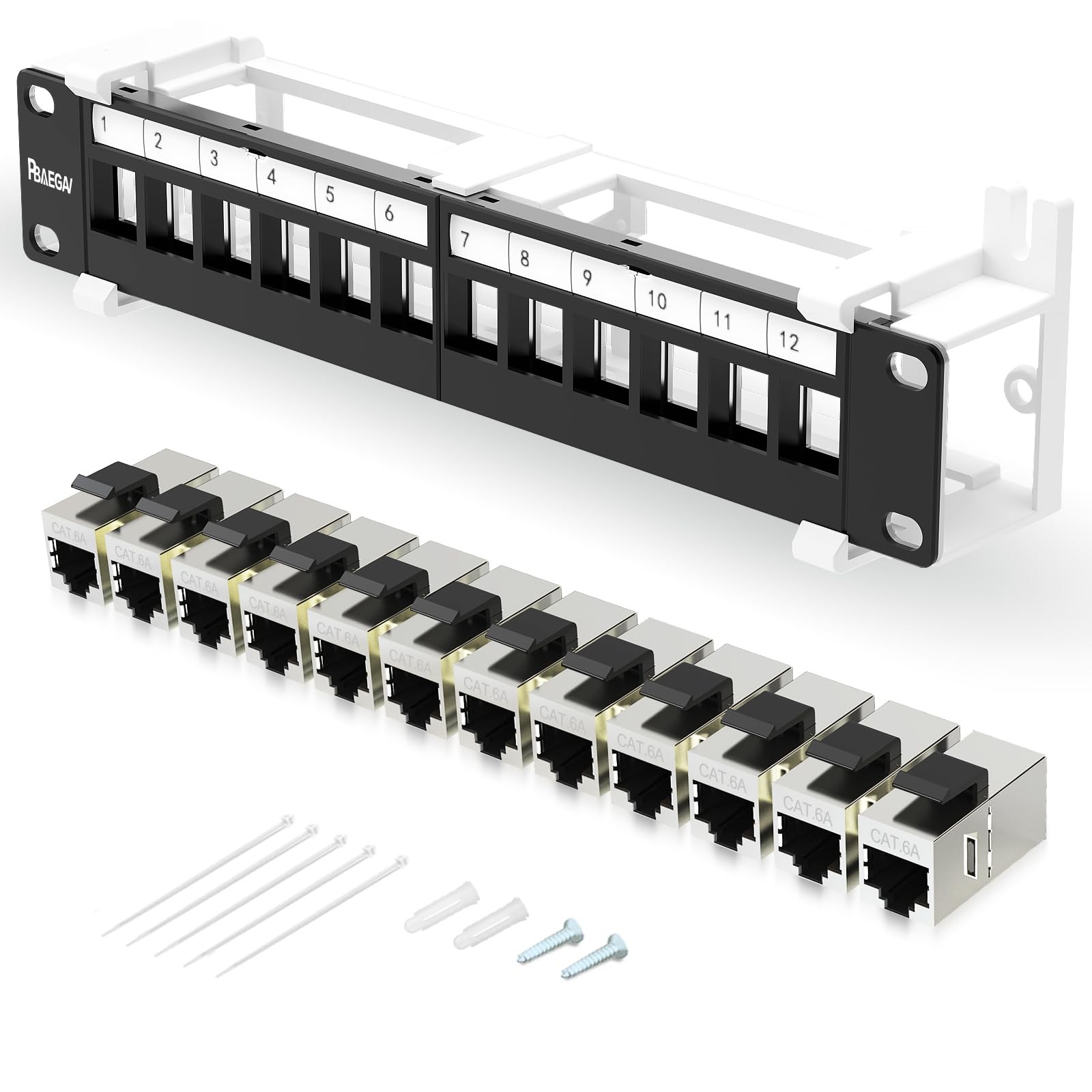 12 Port Keystone Patch Panel Cat6a Jack 89D Wall Mount Bracket STP Shielded