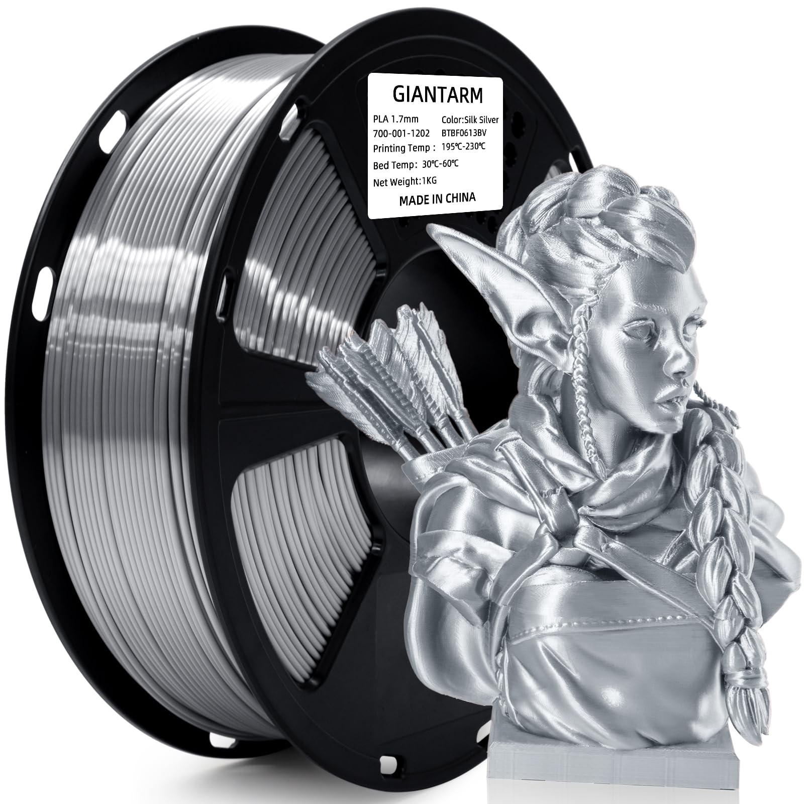 GIANTARM Silk Metallic Silver PLA 3D Printer Filament 1kg Spool, 1.75mm Dimen...
