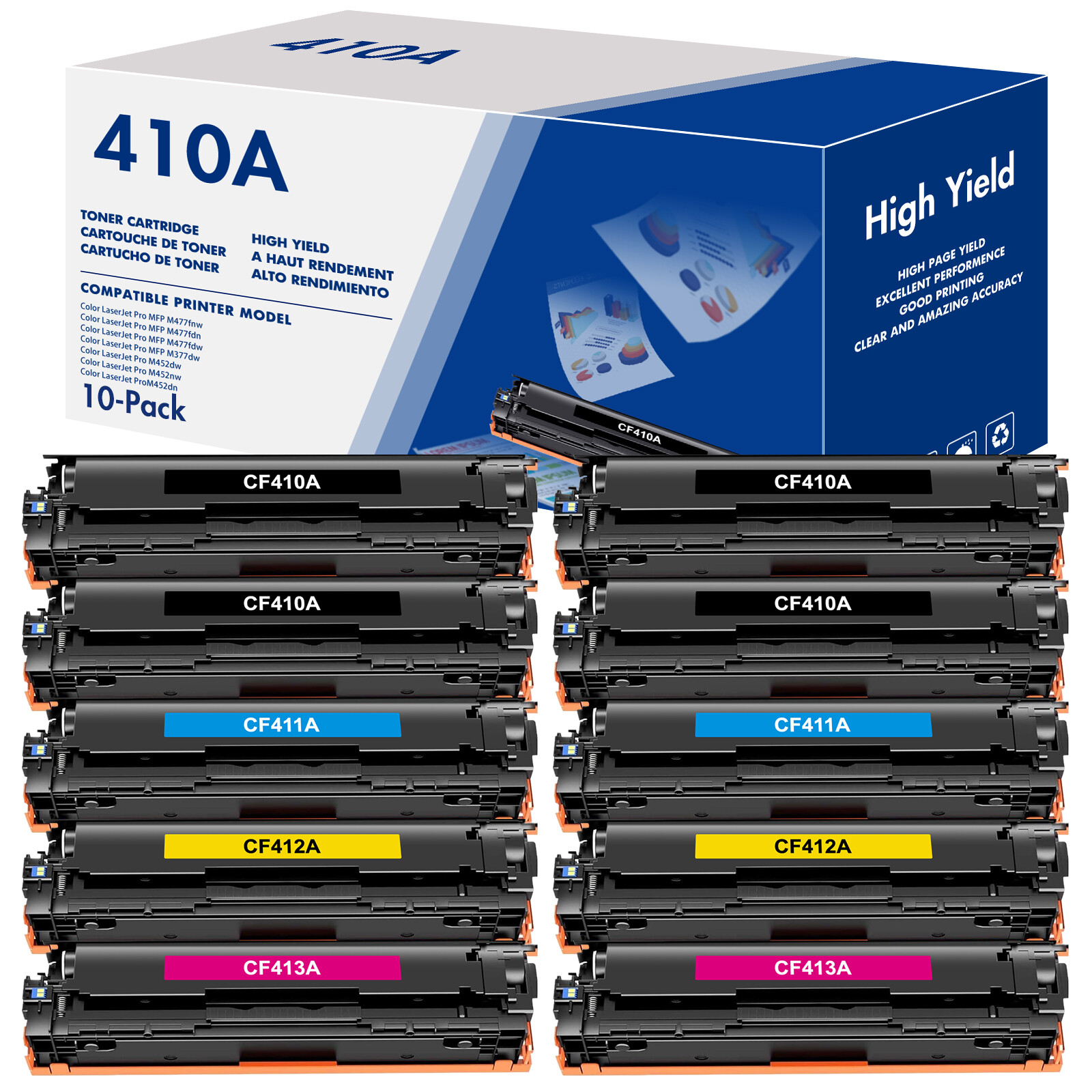 10PK CF410A-CF413A Toner Set Fits for HP Color LaserJet Pro MFP M477fdn M477fdw