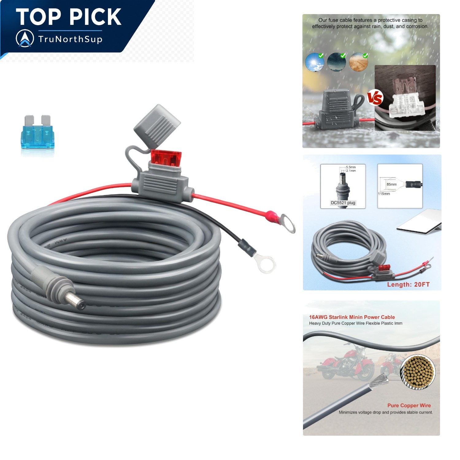 16AWG 20ft DC Power Cable for Starlink Mini Waterproof Battery Lead with Fuse