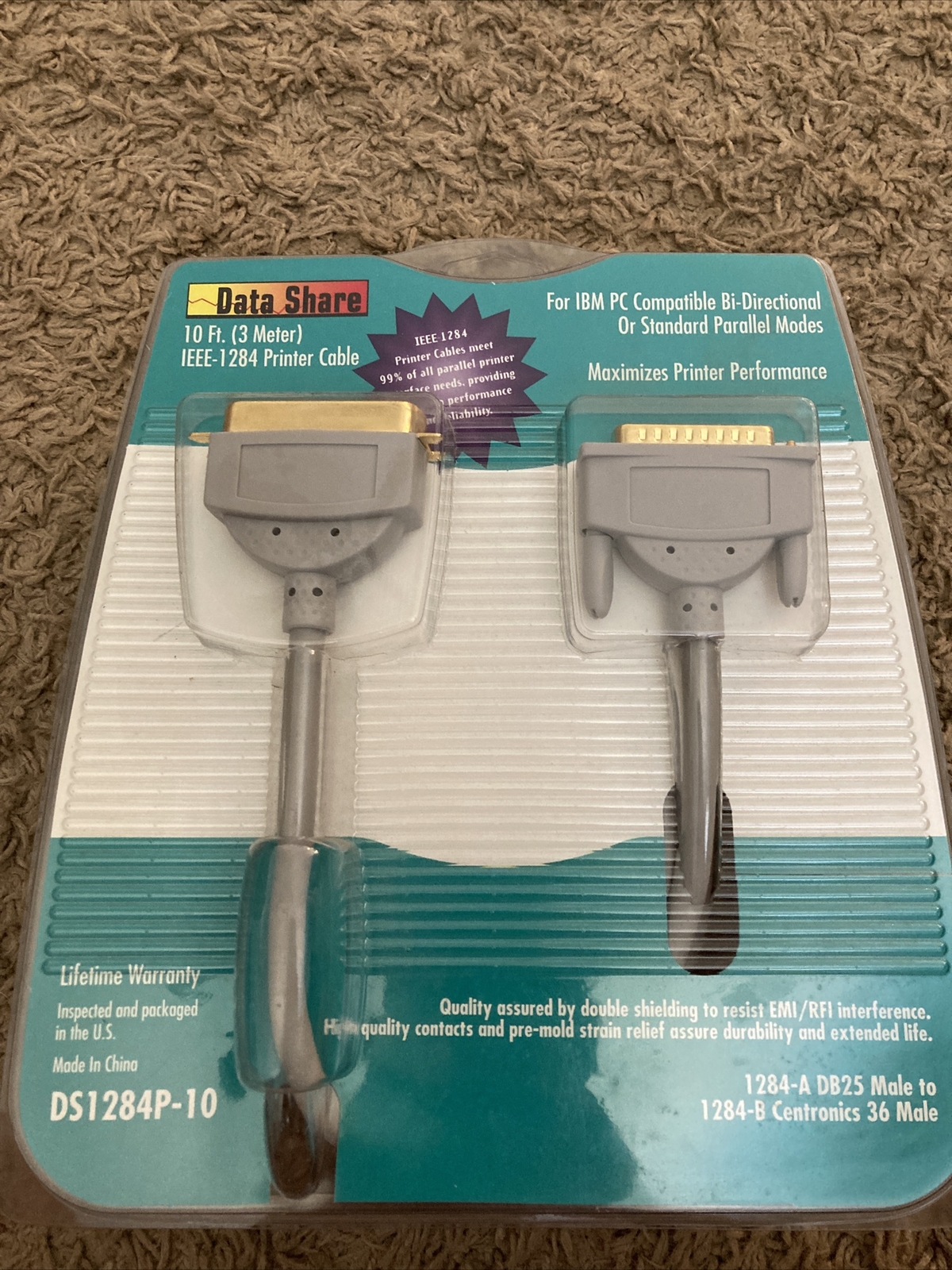 DATA SHARE 10 ' IEEE-1284 DB25 Bi-Directional Parallel Printer Data Cable Cord