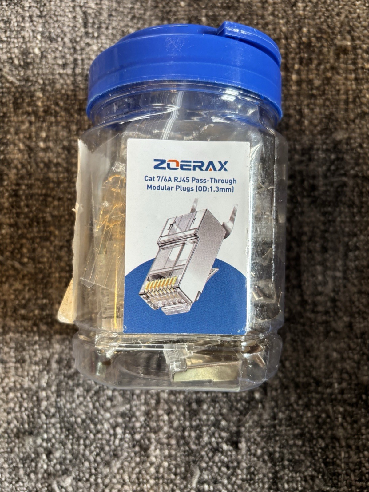 ZOERAX RJ45 Cat 7/Cat 6A Pass-Through Modular Plugs, Clear/Blue 50-Pack