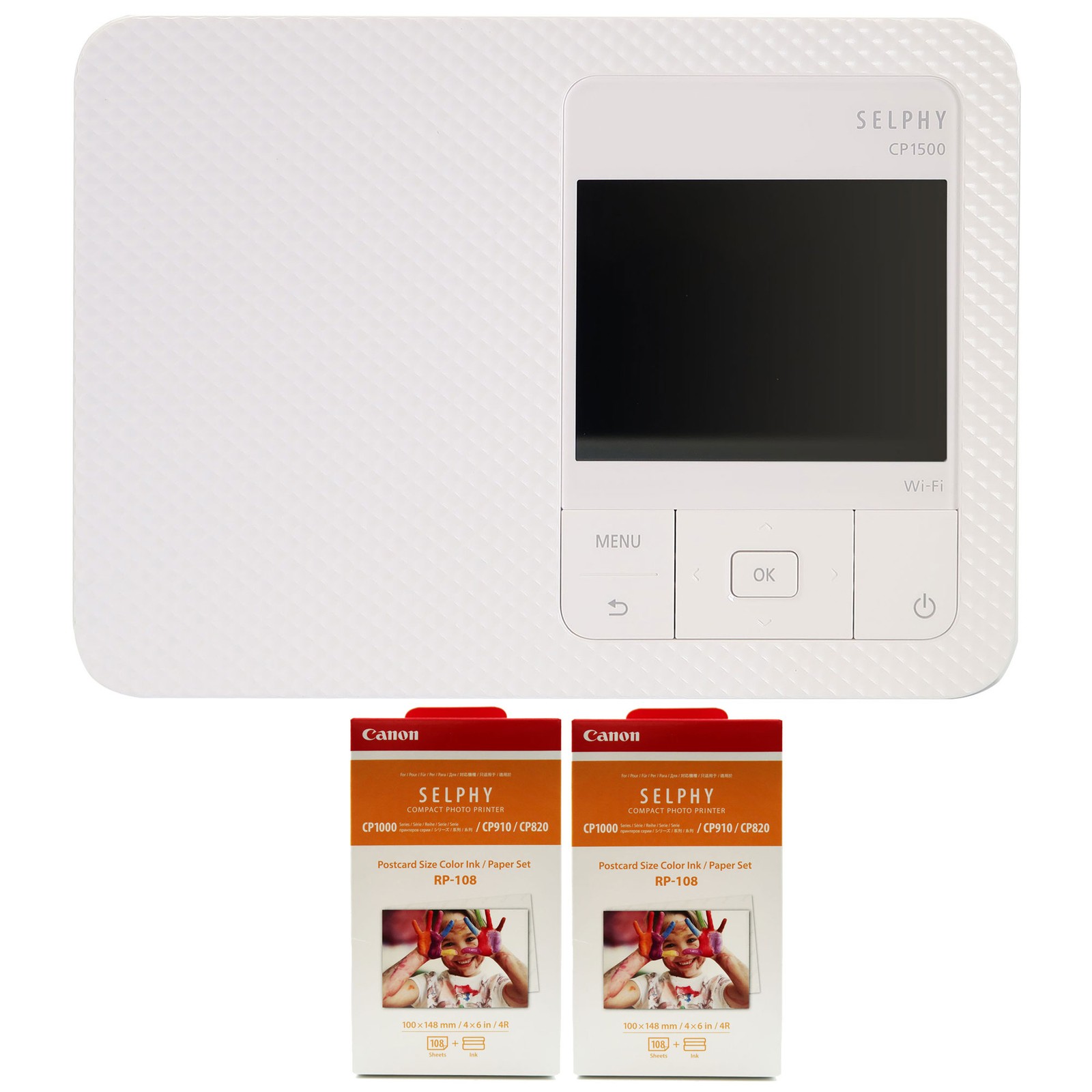Canon SELPHY CP1500 Compact Photo Printer White + 2x RP-108 Color Ink Paper Set