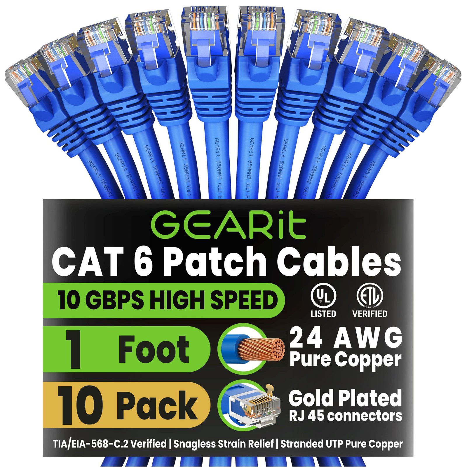 GEARit Cat 6 Ethernet Patch Cable 1 ft Blue (10 Pack) - Cat6 Patch Cables 1ft