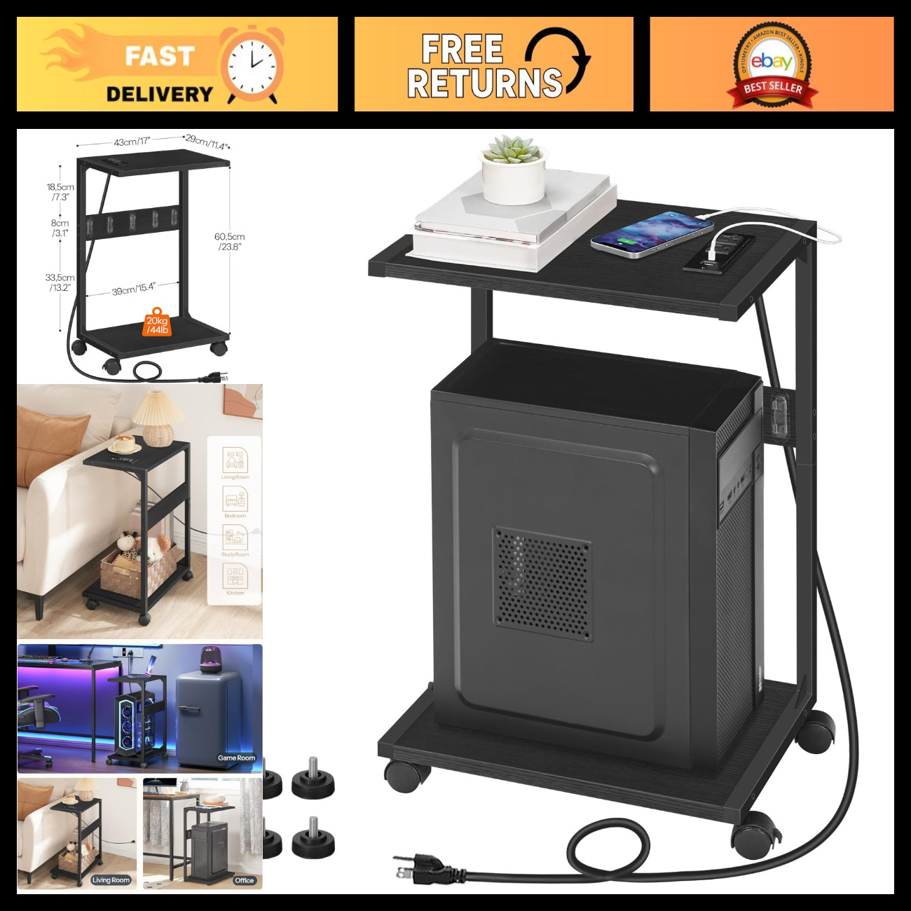 2-Tier Under Desk Computer Tower Stand with Charging Station & Lockable Wheels