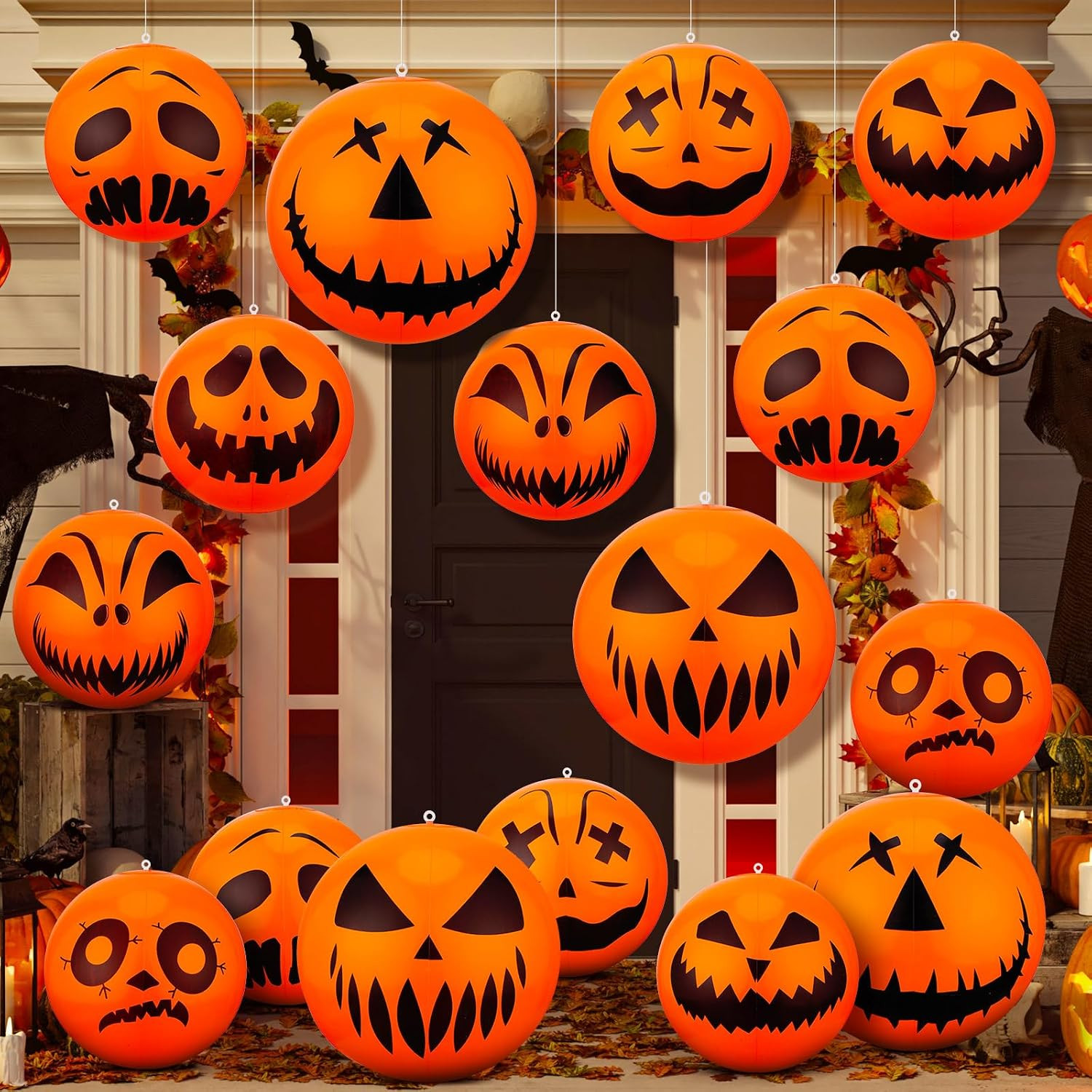 16 Pcs 24'' & 16'' Halloween Inflatable Pumpkin Balls Ornaments