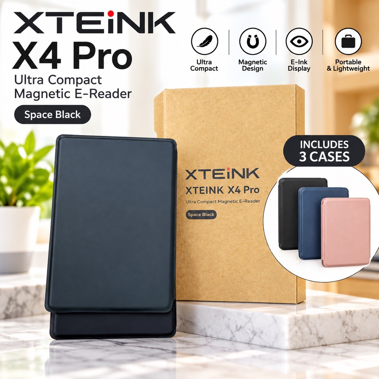 XTEINK X4 Pro Ultra Compact Magnetic E-Reader Space Black w/ 3 Cases Bundle