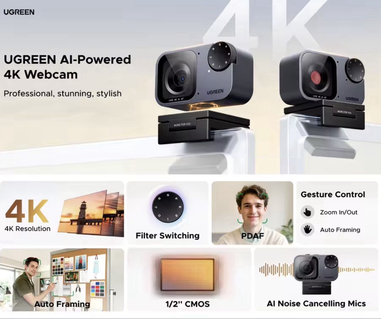 New UGREEN FineCam Pro 4K AI Smart PC Webcam Auto Framing PDAF Focus Gesture A.I