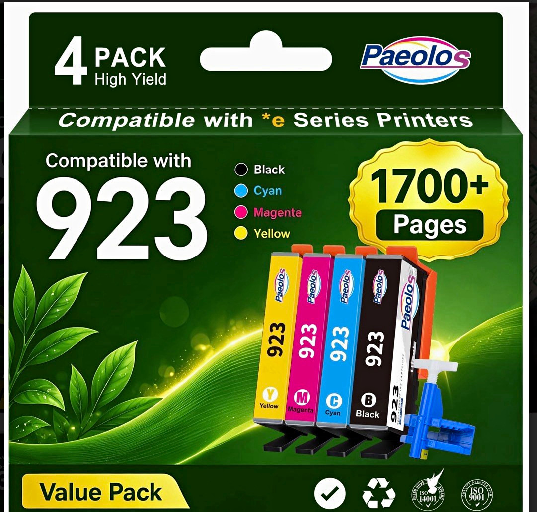 Paeolos 923 Ink Cartridges for HP Printers (4 Pack, Black/Cyan/ Magenta/Yellow)