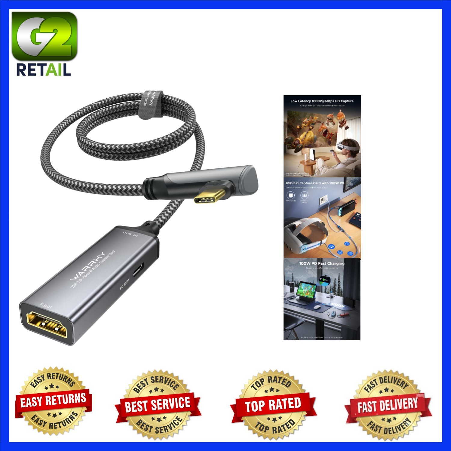 WARRKY Video Capture Card with 100W Power Delivery & Right-Angle USB-C | 1080P 6