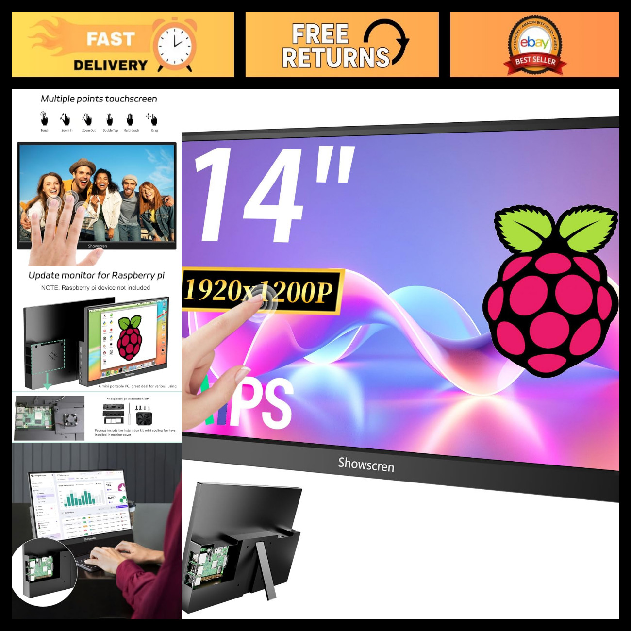14" Touchscreen Monitor for Raspberry Pi 5/4B/3B+ IPS Display, HDMI, Portable