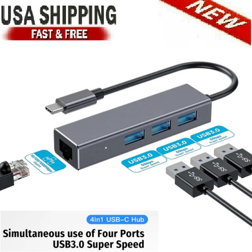 2023 USB-C Gigabit Ethernet LAN RJ45 1000Mbps Network Adapter 3-Port HUB PC Mac