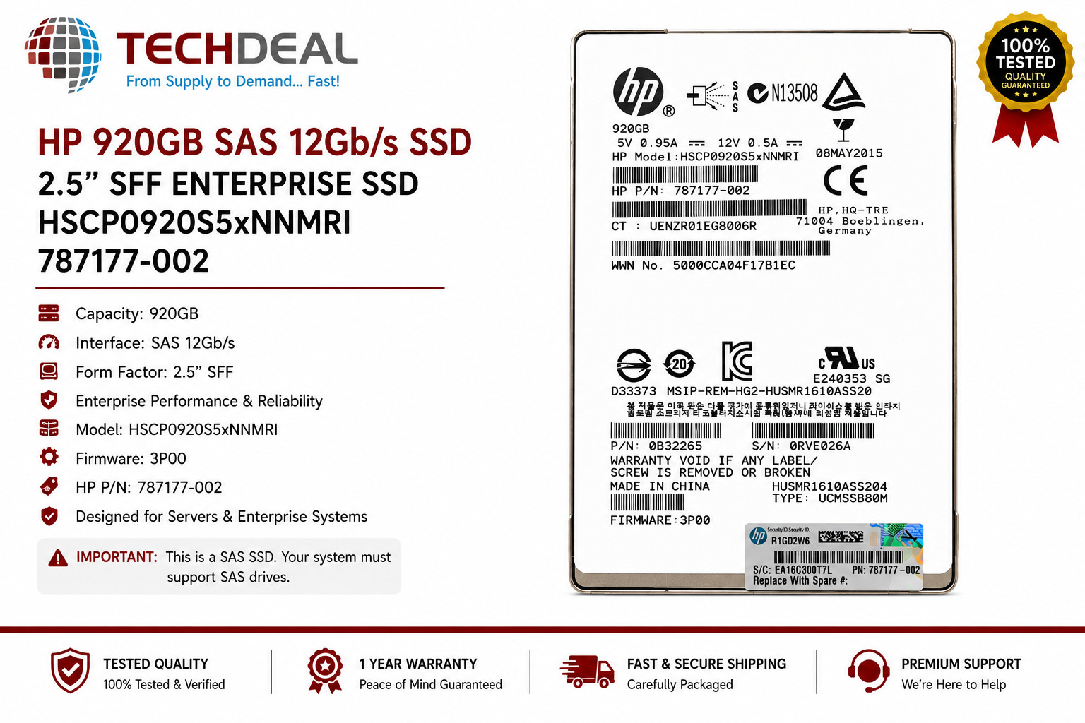 HP 920GB SAS 12Gb/s 2.5" SFF Enterprise SSD HSCP0920S5xNNMRI 787177-002 520e