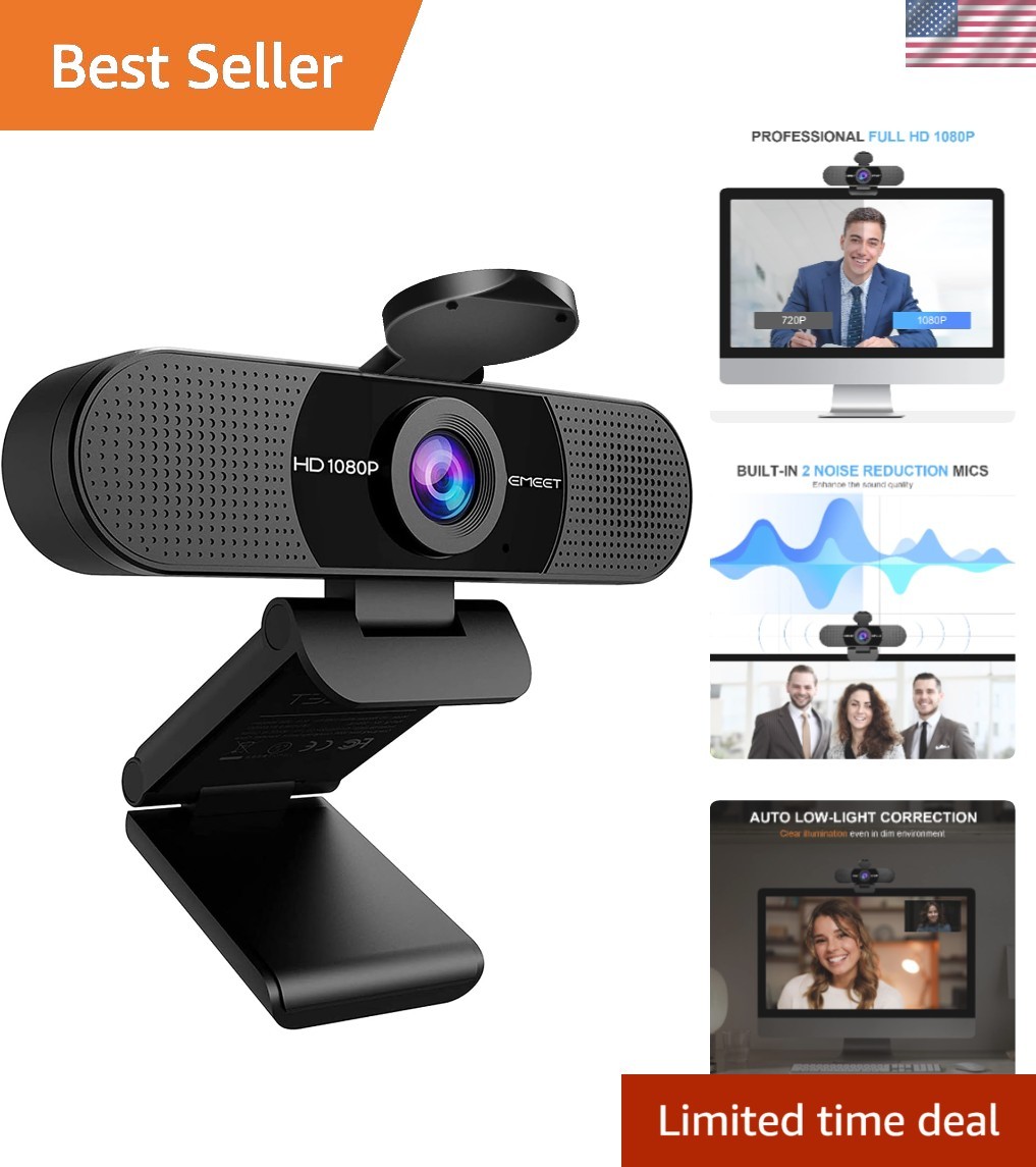 Versatile 1080P Webcam for Home Office – Built-In Mics & Low-Light Correction