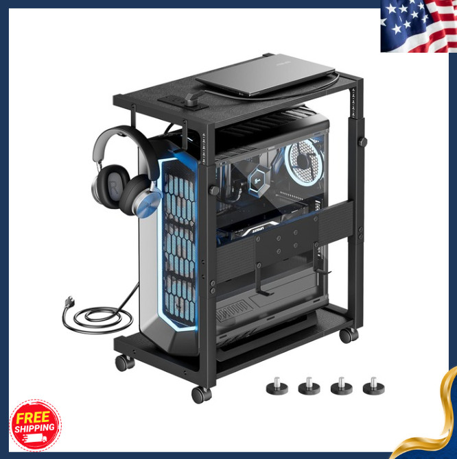 New Adjustable PC Tower Stand – CPU Holder Cart w/ Charging Station