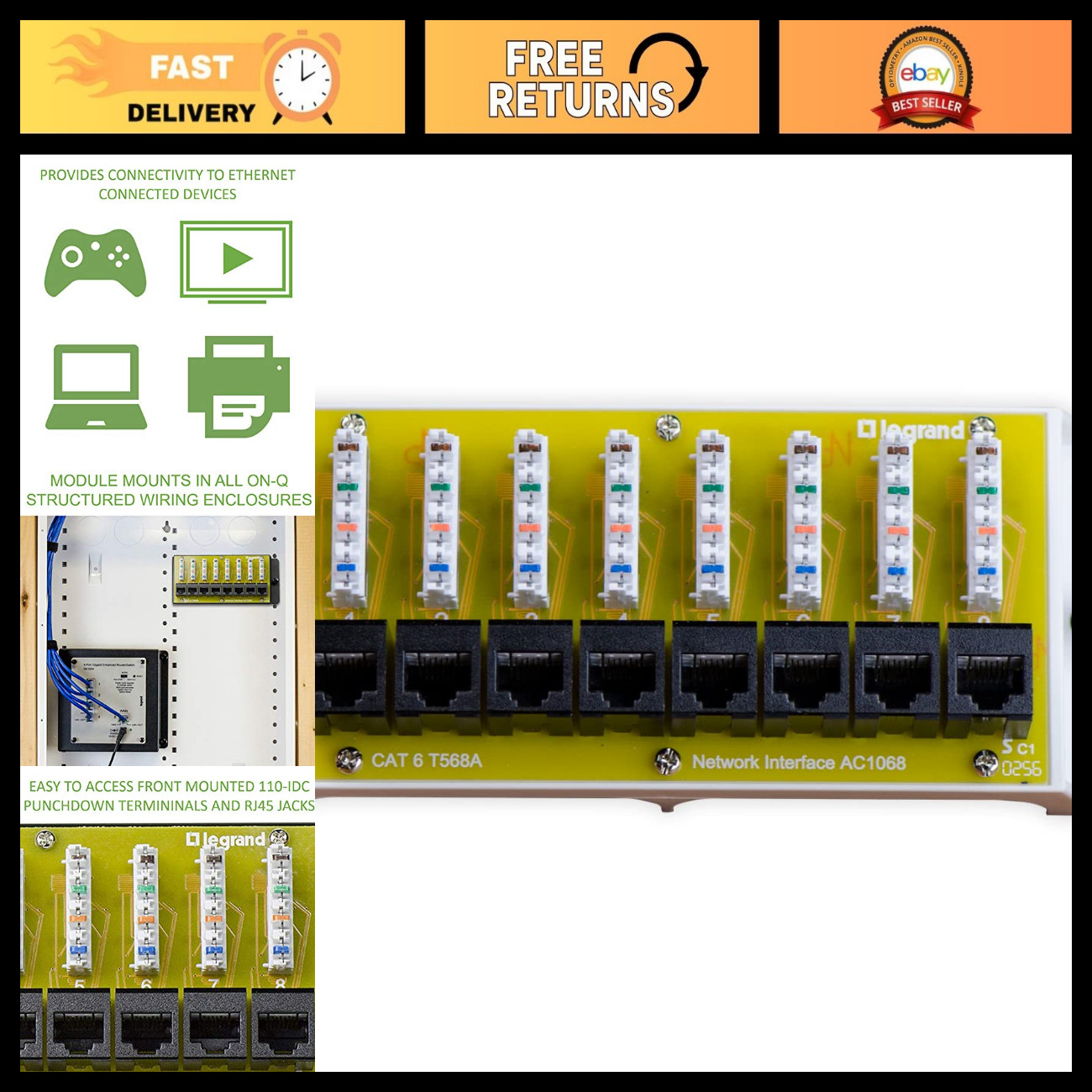 8-Port Cat 6 Network Interface Module - Ethernet Connectivity for Home Networks,