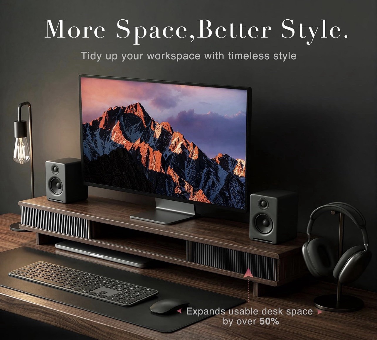 BNIB Modern Walnut 42.5” Dual / Single Monitor Desk Riser w/ Smooth Drawers $149