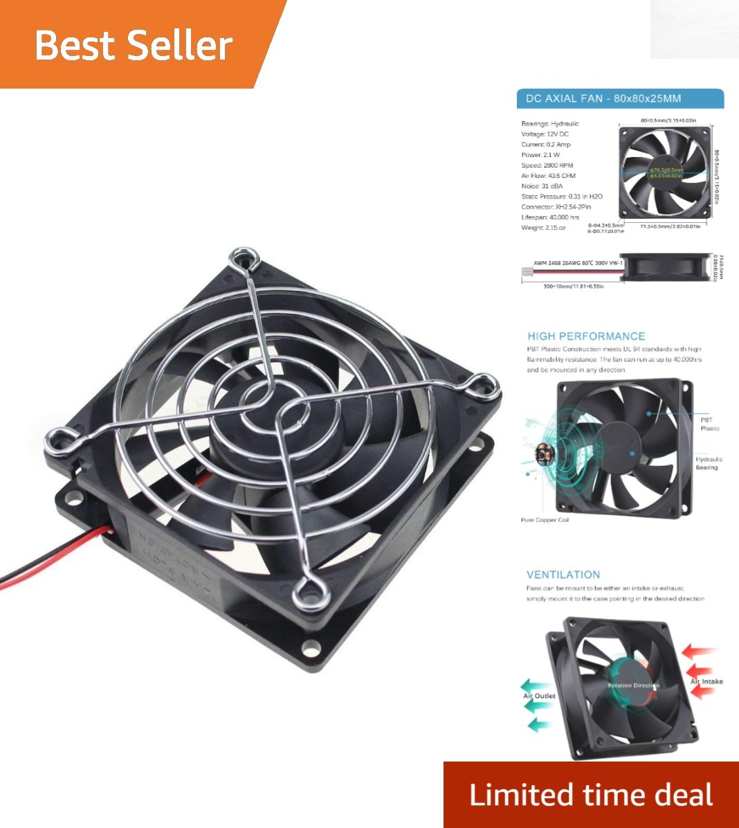 High-Performance 80mm Brushless Cooling Fan for PCs & Electronics - Quiet 31dBA