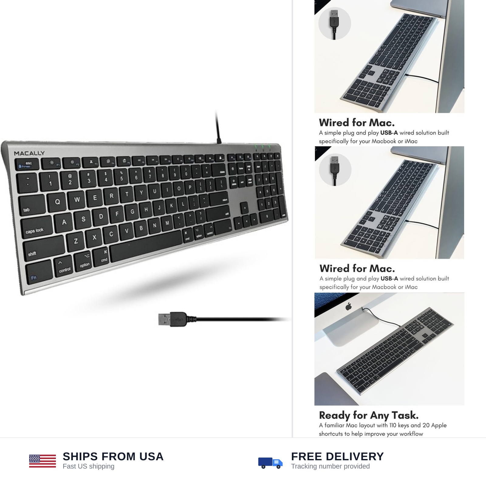 Macally Ultra-Slim USB Wired Computer Keyboard - Works Great as Both a Window...