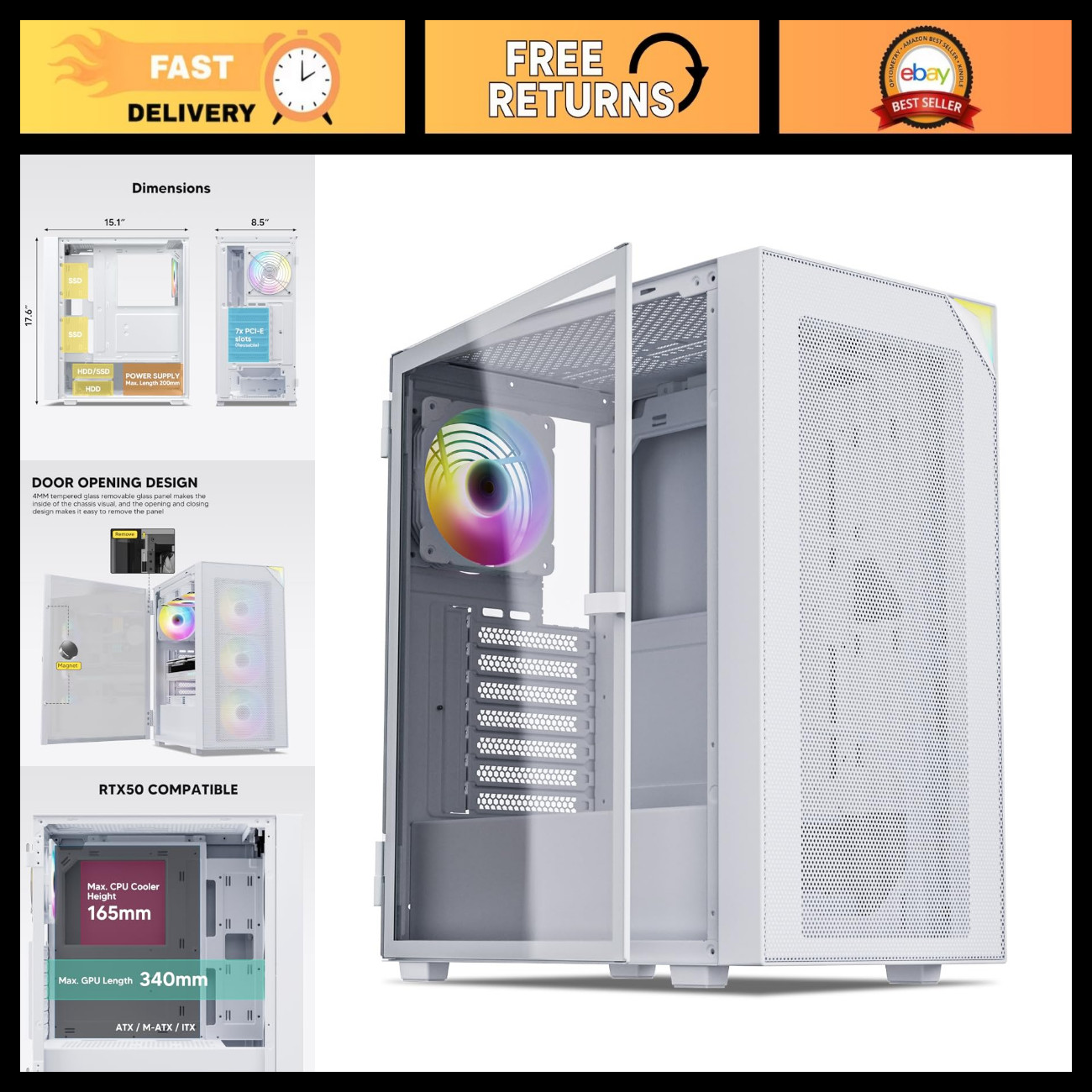 White Mid Tower ATX Gaming PC Case - Sleek Design, Excellent Cooling, Easy Build