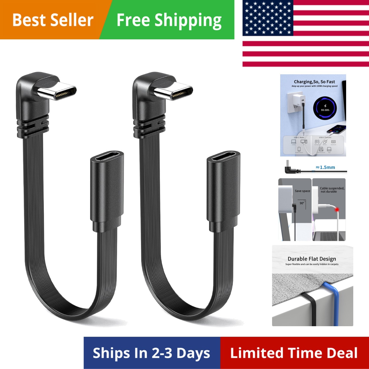 2Pack 90 Degree .0 C Male to Female Extension Cable 8 Inch, Rightangle USBC A...