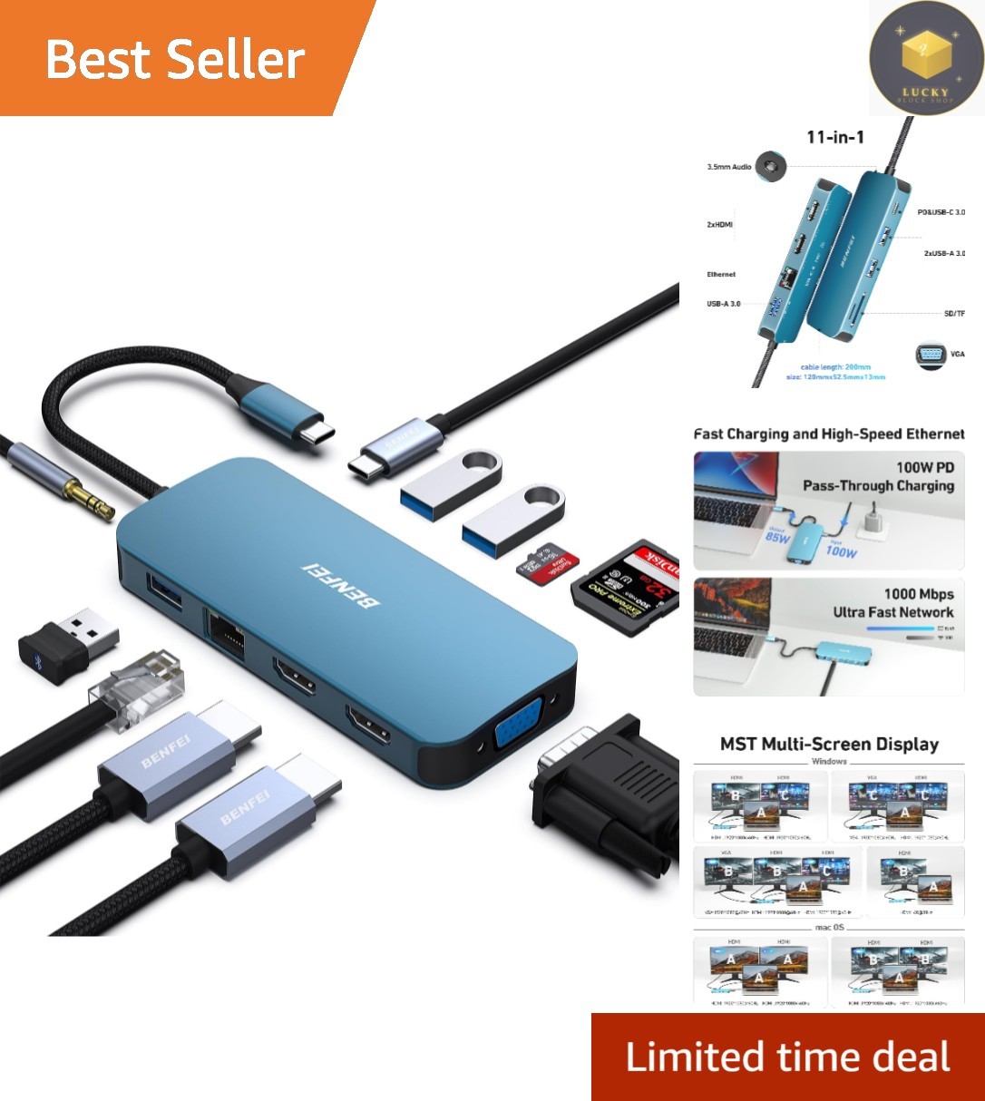 Elegantly Compact USB C Dock - Triple Display, 100W Power Delivery, 3 USB Ports