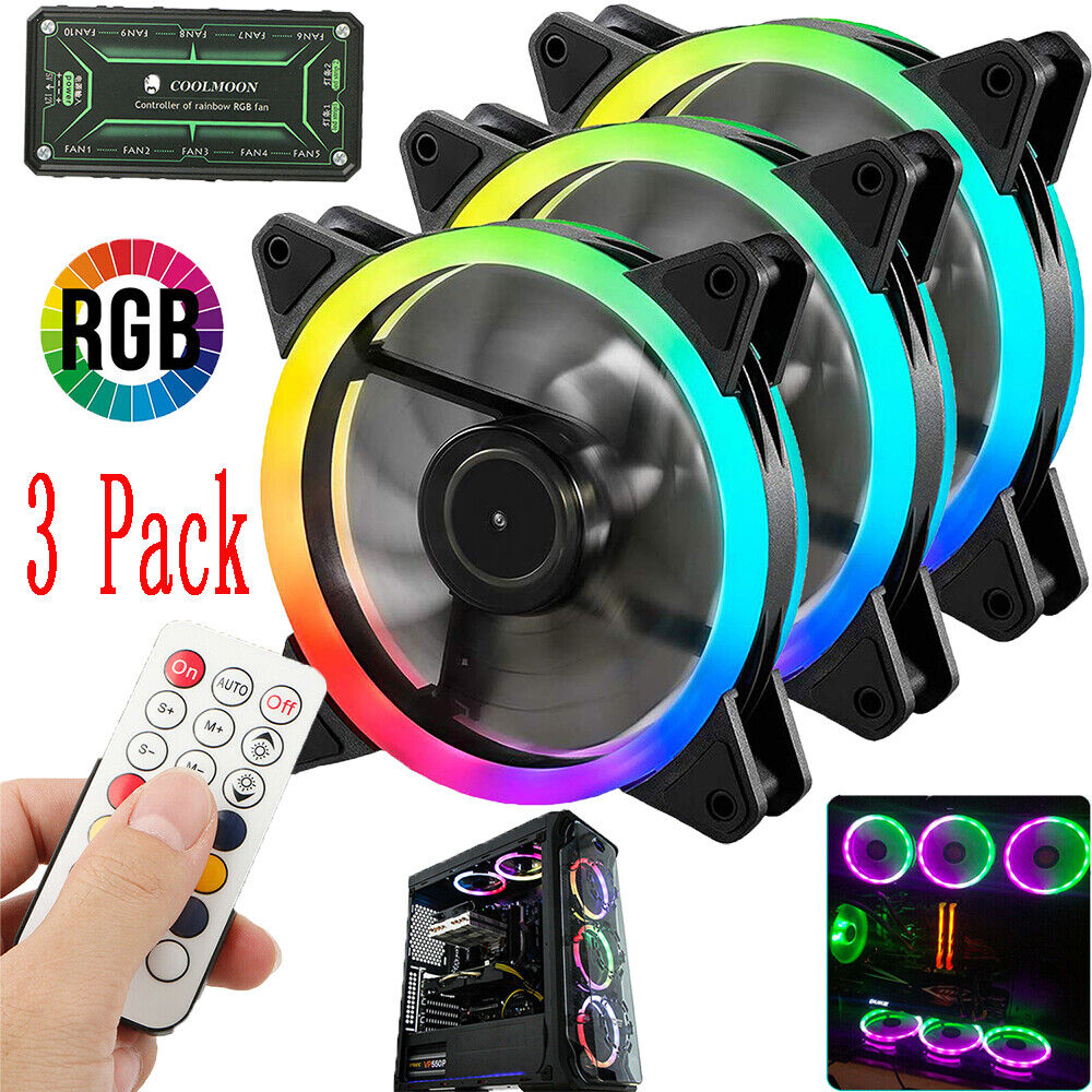 3 Pack RGB LED Quiet Computer Case PC Cooling Fan 120mm with 1 Remote Control US