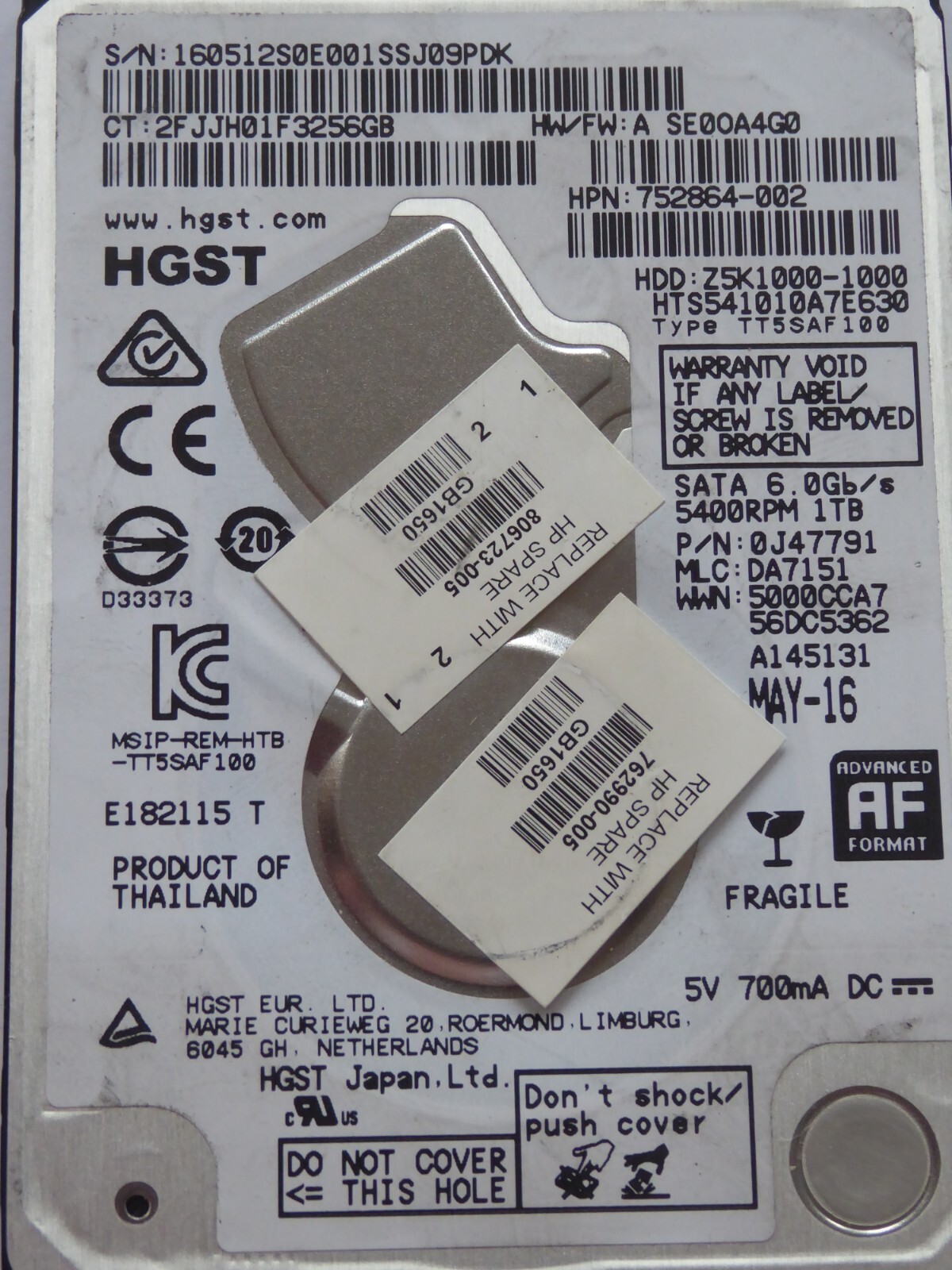 HGST HTS541010A7E630 MLC: DA7151 P/N: 0J47791 MAY-16 - 1TB
