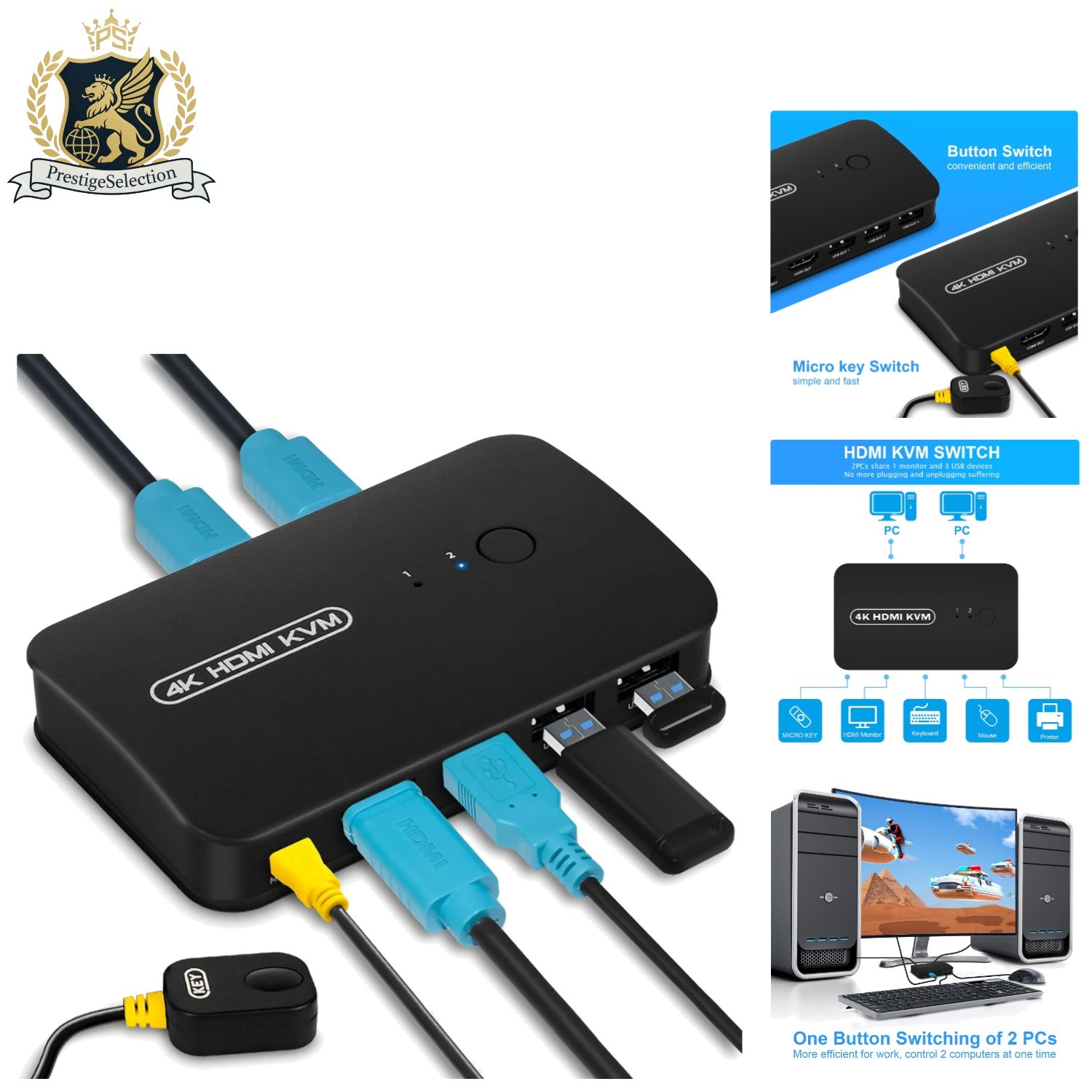 Compact 2-Port HDMI KVM Switch with Remote Control – Modern Home/Office Use