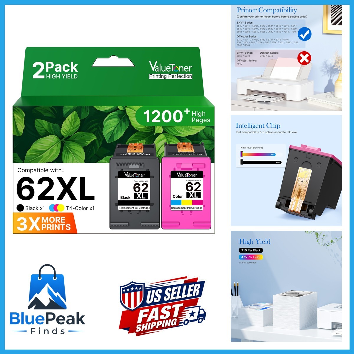 62XL Ink Cartridges for HP Envy 5660 Combo Pack