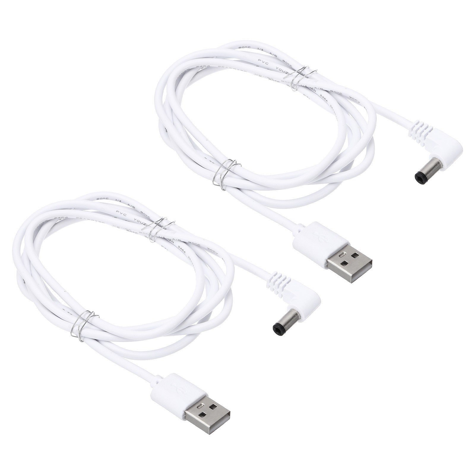 2 Pcs USB to DC 5.5mm x 2.5mm Barrel Jack Power Charger Connector Cables White
