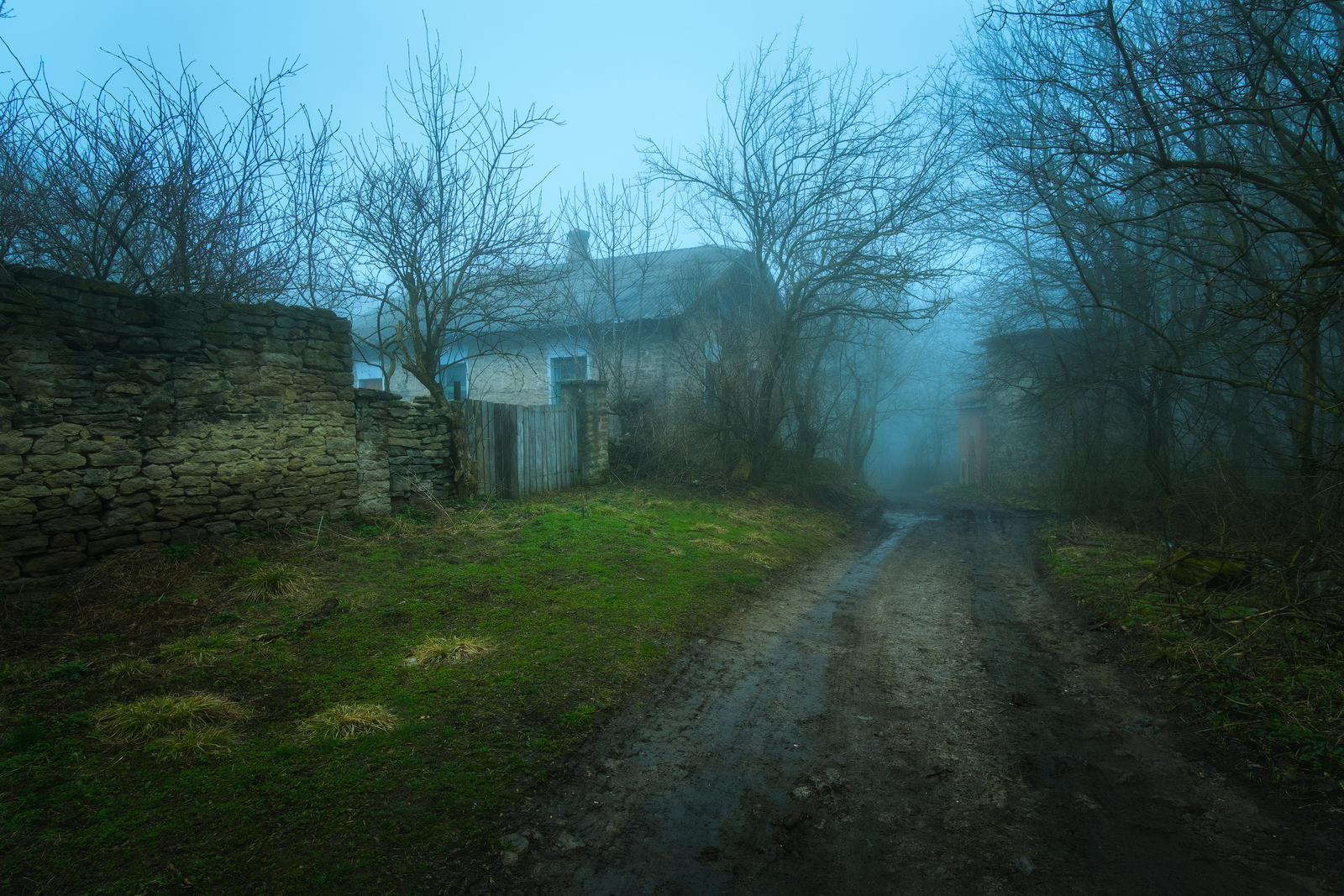 Landscape dirt road mist trees house mud grass gloomy Custom Gaming Mat Desk