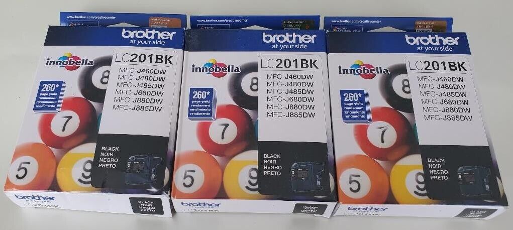 Set of 3 Genuine FACTORY SEALED Brother LC201 Black Ink Cartridges LC-201