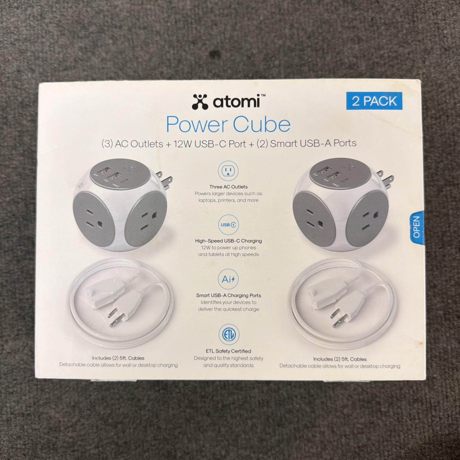 Atomi Power Cube 2 Pack White Gray 3 AC Outlets USB-C USB-A 5ft Cable NEW