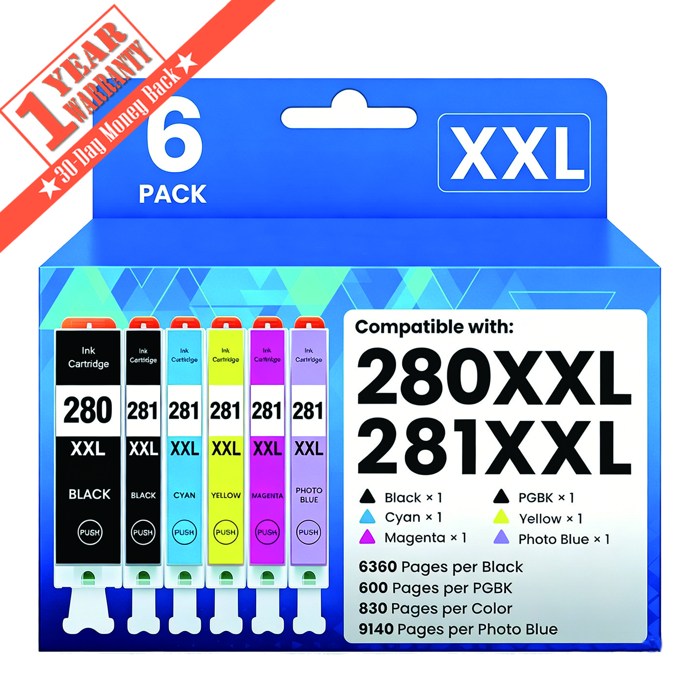 6PK PGI-280 XXL CLI-281 XXL Ink Cartridge for Canon PIXMA TR7520 TR8520 TS6120