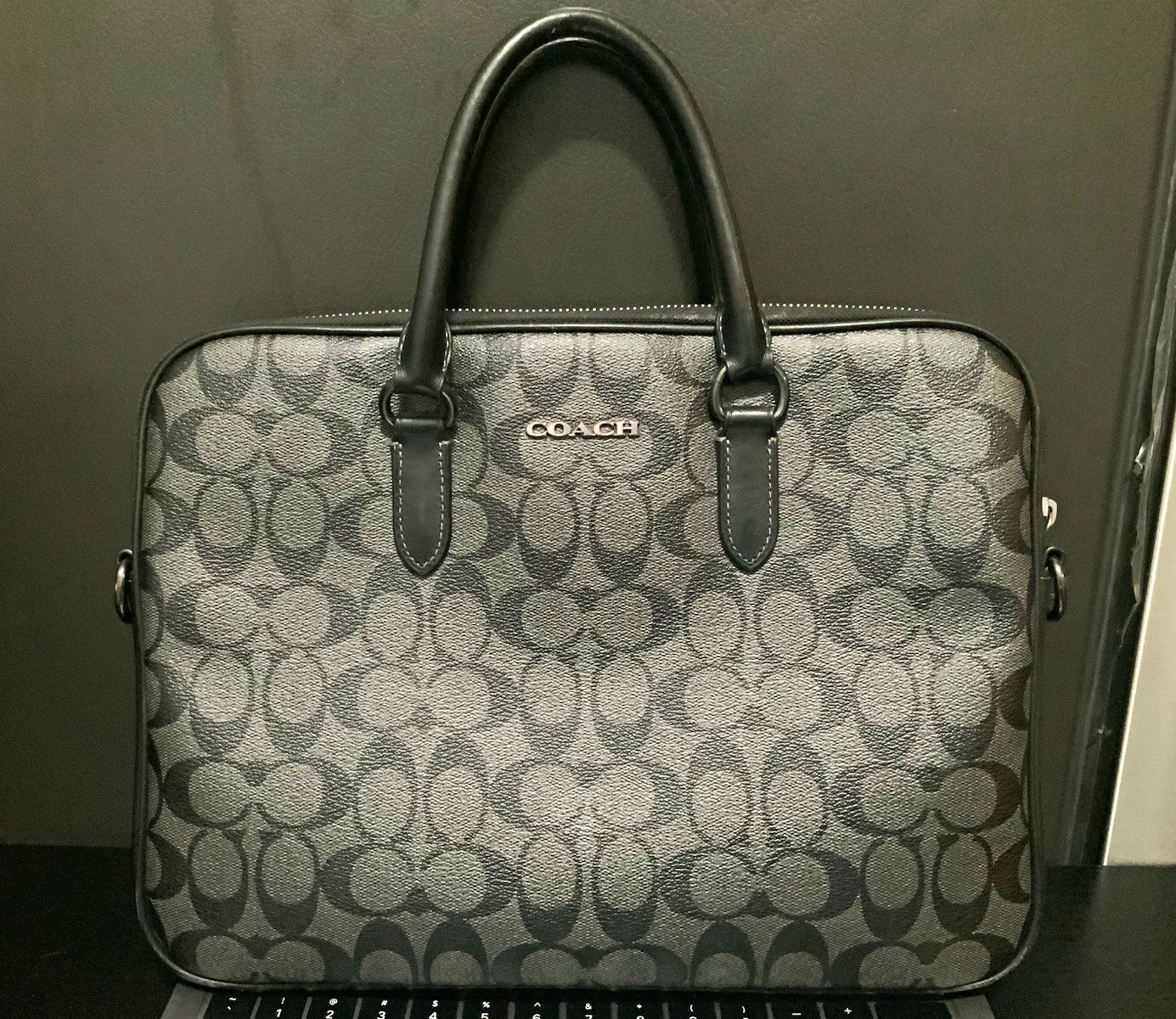 Coach Signature Leather Briefcase Gray/Black Laptop Zip Top Handle