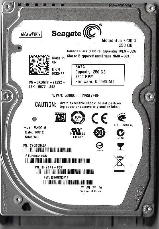 SEAGATE MOMENTUS ST9250410AS 250GB SATA HARD DRIVE P/N: 9HV142-037 FW: D005SDM1