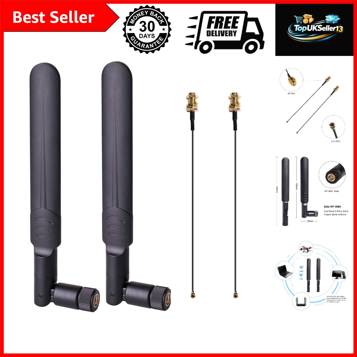 2 x 8dBi WiFi RP-SMA Male Antenna 2.4GHz 5.8GHz Dual Band