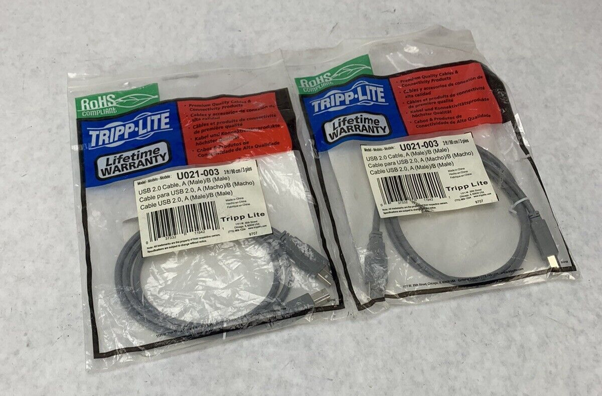 Lot 2 Tripp Lite USB 2.0 Hi-Speed A/B Cables M/M 3-ft. U021-003 New