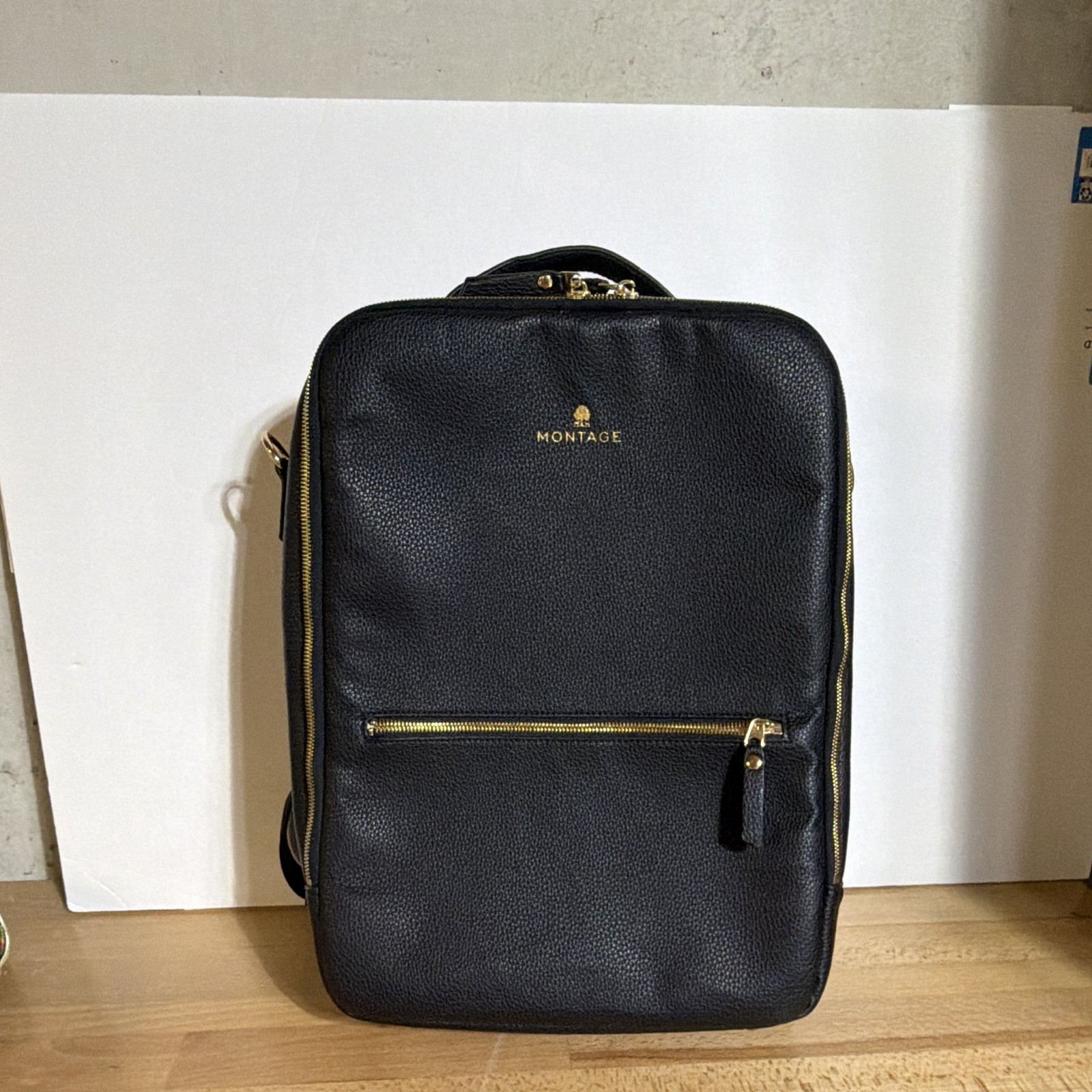 Montage Black Leather Laptop Backpack, Padded Compartment, Solid Pattern