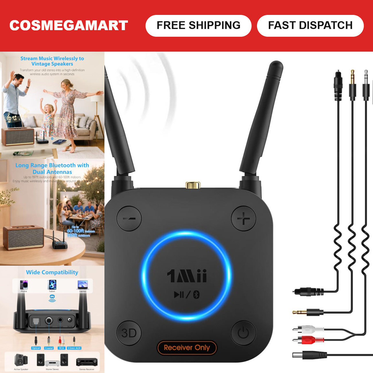 Long Range Bluetooth 5.3 Audio Receiver, HiFi Wireless Adapter, aptX HD, Low Lat