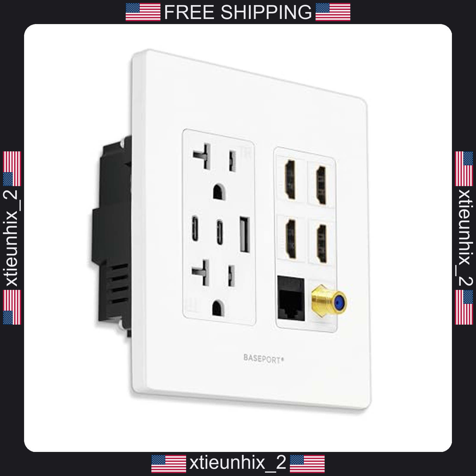 Media Wall Plate with HDMI, USB-C, USB-A, Ethernet, and Power for Double Gang