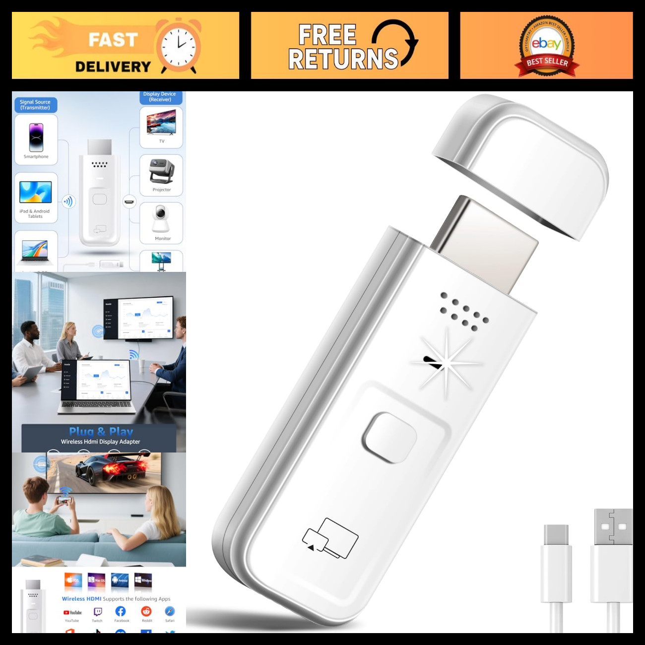 Wireless HDMI Display Dongle Adapter 1080P 60Hz for iPhone iPad Mac Streaming