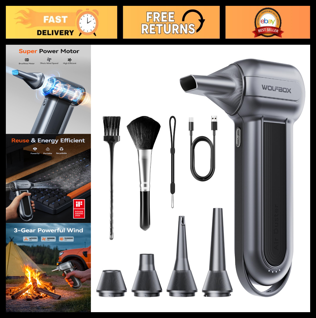 High-Power Compressed Air Duster, 150,000 RPM Turbo Fan, 45 m/s Airflow Cleaner